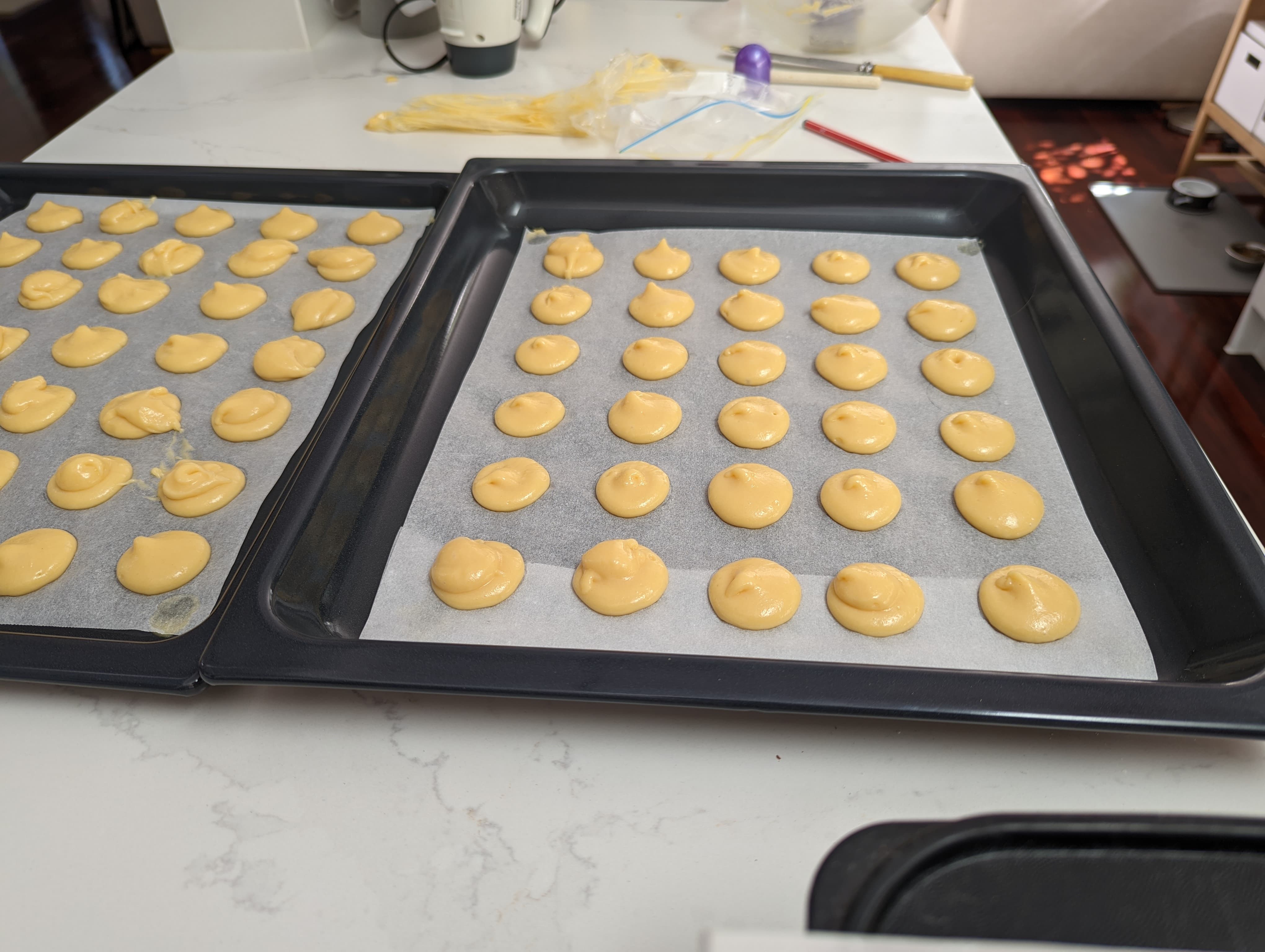 Two baking trays filled with choux pastry piped into neat circles, spaced evenly apart